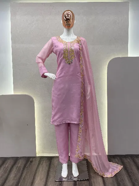 Light Pink Kurti Pant and Dupatta Set in Organza With Sequence and Real Mirror