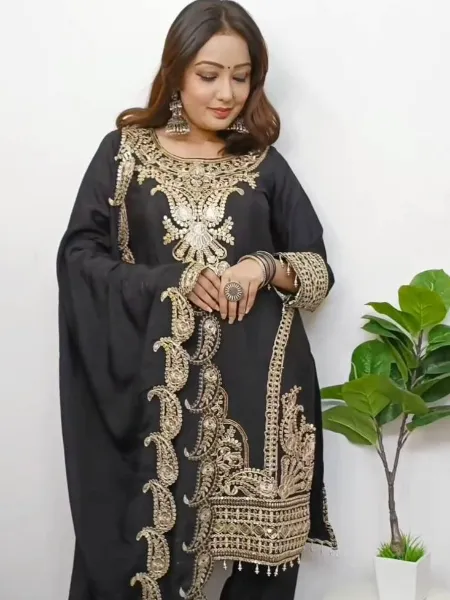 Black Pakistani Dress in Pure Chinon With Embroidery Work Pakistani Suit