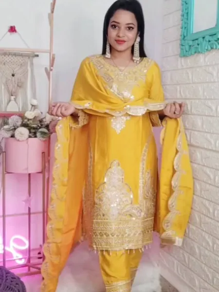 Yellow Pakistani Dress in Pure Chinon With Embroidery Work Pakistani Suit