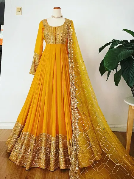 Haldi Gown With Sequence Embroidery Work in Georgette With Dupatta