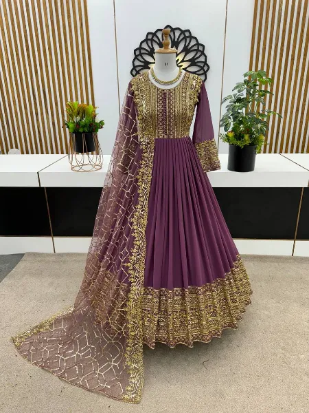 Dusty Purple Gown With Sequence Embroidery Work in Georgette With Dupatta