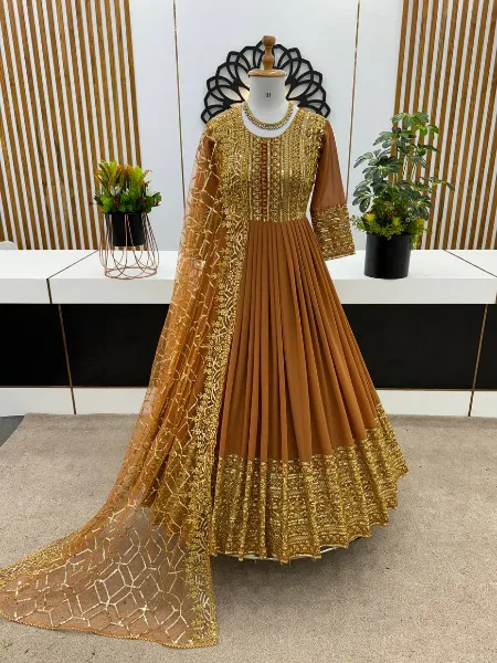 Brown Color Gown With Sequence Embroidery Work in Georgette With Dupatta