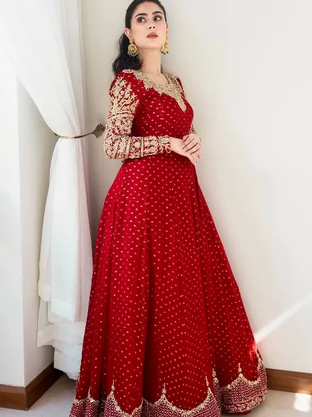 Maroon Reception Gown With Heavy Sequence Embroidery in Georgette With Dupatta