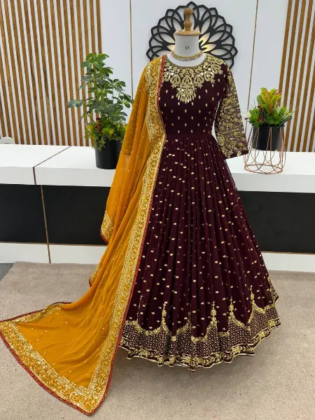 Wine Reception Gown With Heavy Sequence Embroidery in Georgette With Dupatta