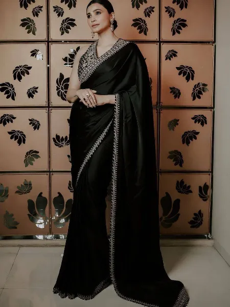 Daisy Shah Saree in Black Color Satin Fabric With Sequins Embroidery Work