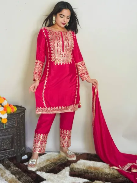 Pink Salwar Kameez in Pure Chinon With Sequence Embroidery Work Indian Suit