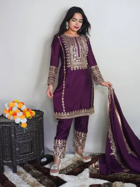 Wine Salwar Kameez in Pure Chinon With Sequence Embroidery Work Indian Suit