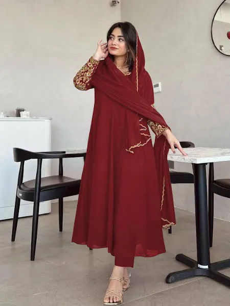 Maroon Anarkali Gown With Embroidery Work on Neck and Sleeves With Dupatta