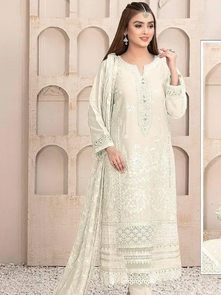 White Pakistani Dress in Georgette With Embroidery and Zarkan Diamond Work