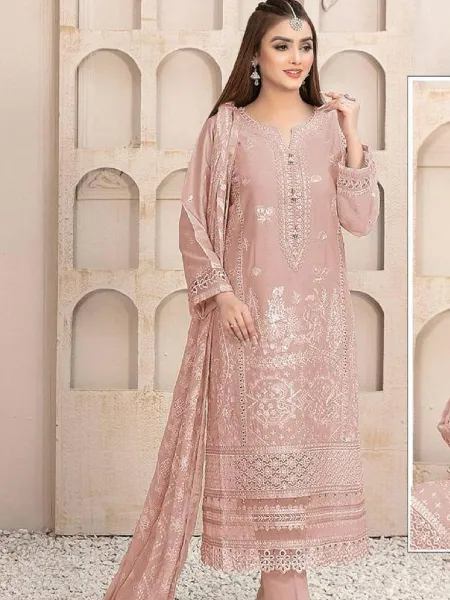Peach Pakistani Dress in Georgette With Embroidery and Zarkan Diamond Work