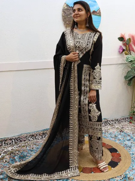 Black Eid Dress in Chinon Silk With Sequins Embroidery Pakistani Dress