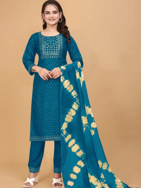 Rama Color Plus Size Kurta Pant Dupatta Set With Foil Print and Embroidery