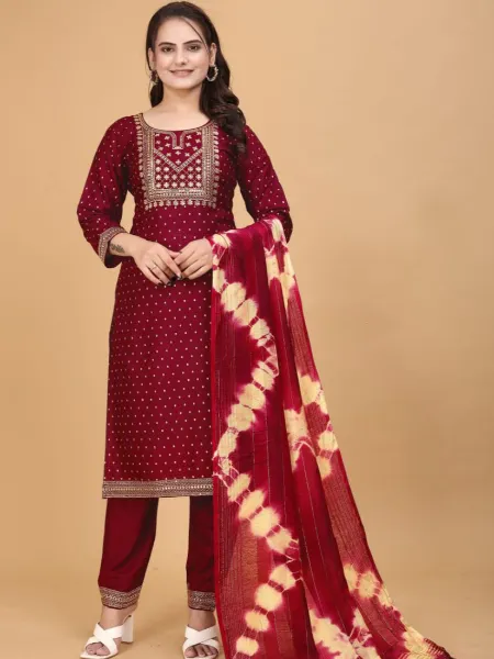 Maroon Color Plus Size Kurta Pant Dupatta Set With Foil Print and Embroidery