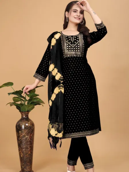 Black Color Plus Size Kurta Pant Dupatta Set With Foil Print and Embroidery