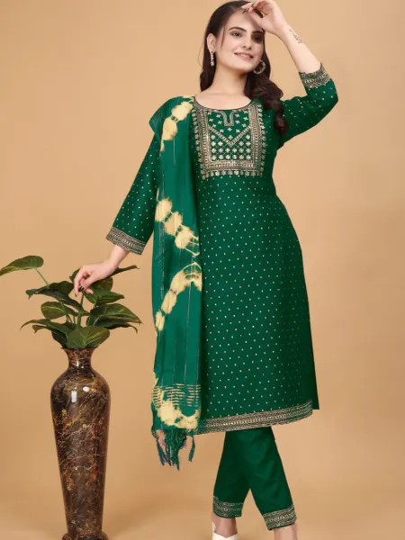 Green Color Plus Size Kurta Pant Dupatta Set With Foil Print and Embroidery