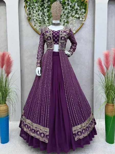 Purple Wedding Lehenga Choli in Georgette With Sequins Embroidery and Shrug