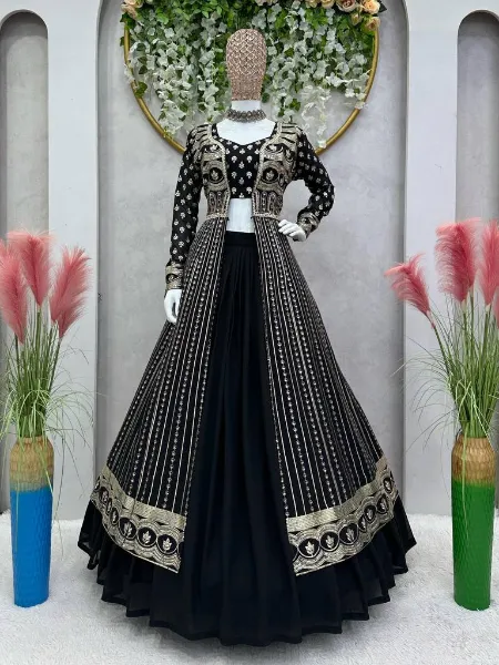 Black Wedding Lehenga Choli in Georgette With Sequins Embroidery and Shrug