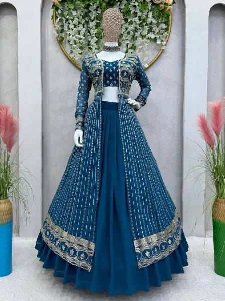 Blue Wedding Lehenga Choli in Georgette With Sequins Embroidery and Shrug