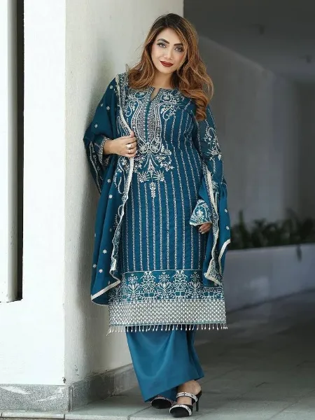 Rama Color Top Sharara Suit With Dupatta Set in Chinon With Embroidery Work