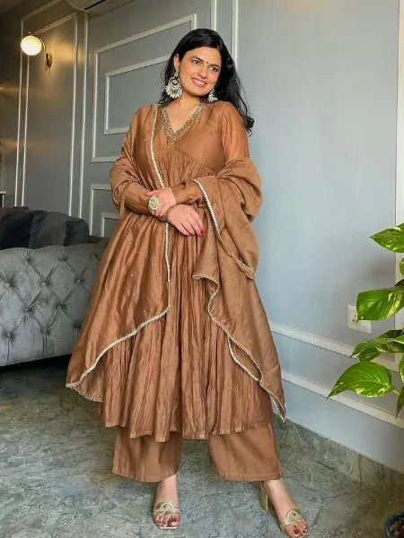 Brown Anarkali Gown With Embroidery Work on Neck With Palazzo and Dupatta