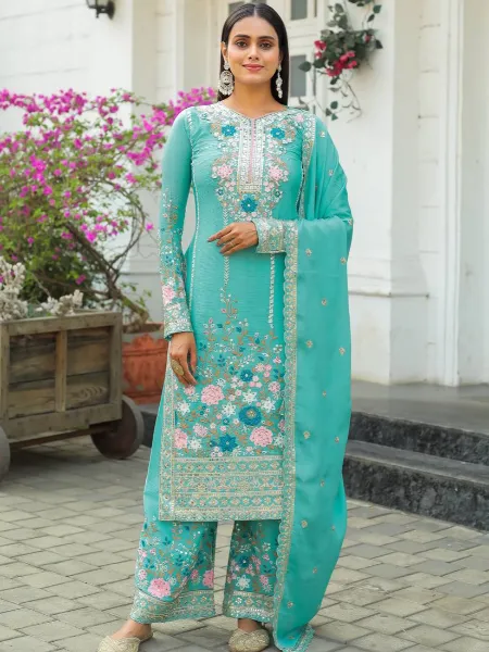 Sky Chinon Salwar Suit With Pant and Dupatta With Heavy Embroidery Work