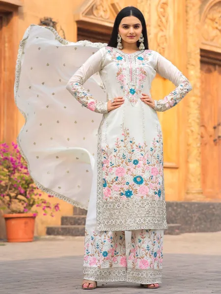 White Chinon Salwar Suit With Pant and Dupatta With Heavy Embroidery Work
