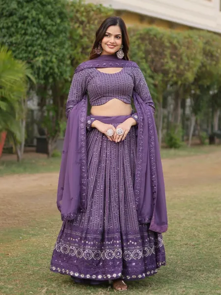 Indian Wedding Lehenga Choli in Purple Georgette With Sequence and Embroidery