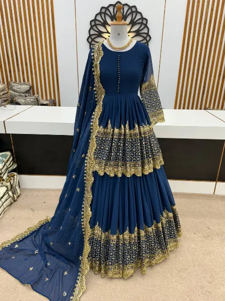 Blue Color Designer Indo Western With Sequence Embroidery and Dupatta