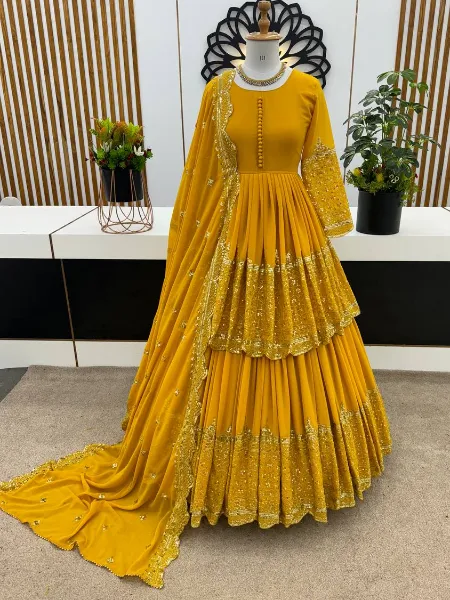 Yellow Color Designer Indo Western With Sequence Embroidery and Dupatta