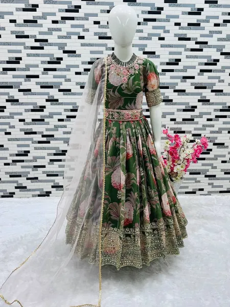 Mehendi Gown for Kids in Georgette With Print and Sequins Work Readymade Kids Wear