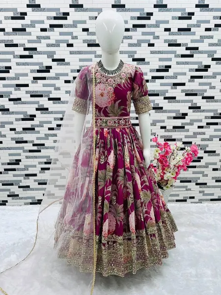 Wine Gown for Kids in Georgette With Print and Sequins Work Readymade Kids Wear
