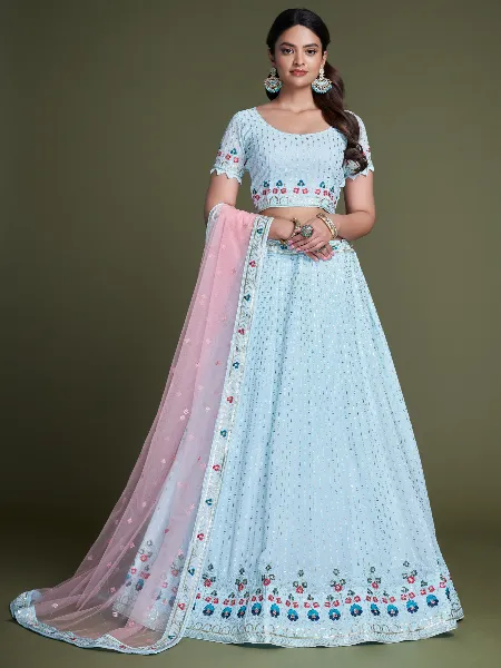 Sky Blue Bridal Lehenga Choli in Georgette With Sequins Embroidery Wedding Lehenga