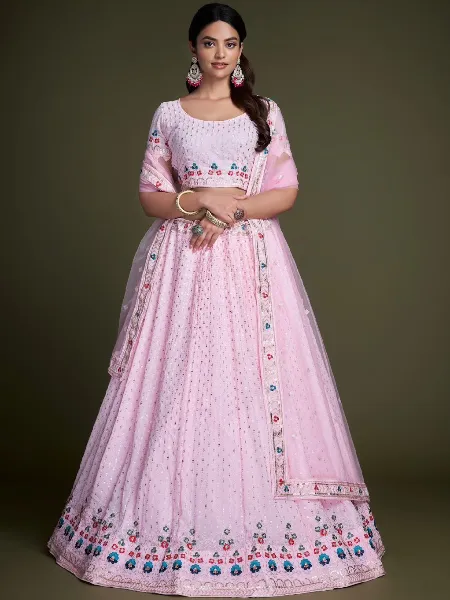 Baby Pink Bridal Lehenga Choli in Georgette With Sequins Embroidery Wedding Lehenga