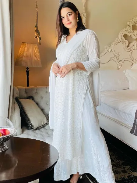White Kurta With Palazzo and Dupatta in Delta Cotton With Thread Embroidery