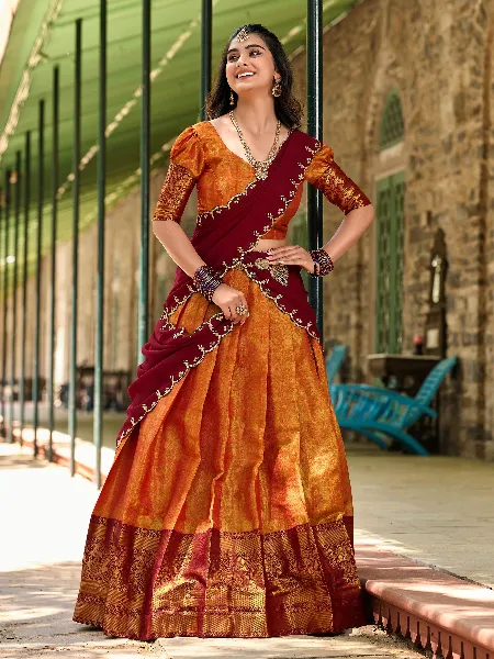 Half Saree in Orange Kanjivaram Lehenga With Weaving Work South Indian Lehenga
