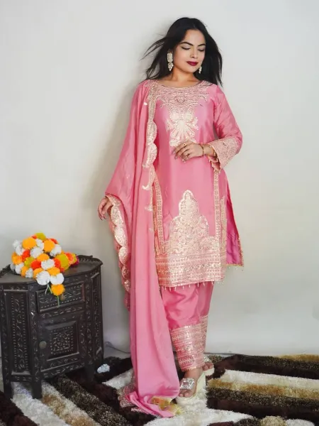 Light Pink Pakistani Dress in Pure Chinon With Embroidery Work Pakistani Suit