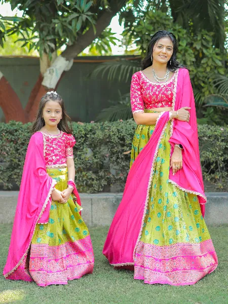 Mother Daughter Combo Lehenga Choli With Zari Weaving in Pink and Parrot