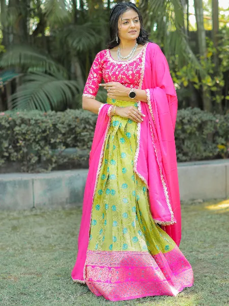 Parrot and Pink Lehenga Choli in Banarasi Silk With Zari Weaving Work