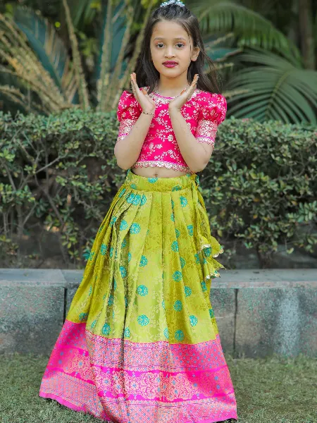 Parrot and Pink Kids Lehenga Choli in Banarasi Silk With Zari Weaving Work
