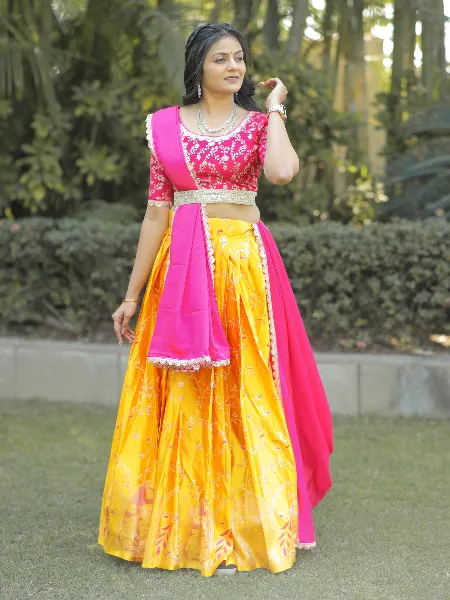 Yellow and Pink Lehenga Choli in Pure Silk With Zari Weaving Work