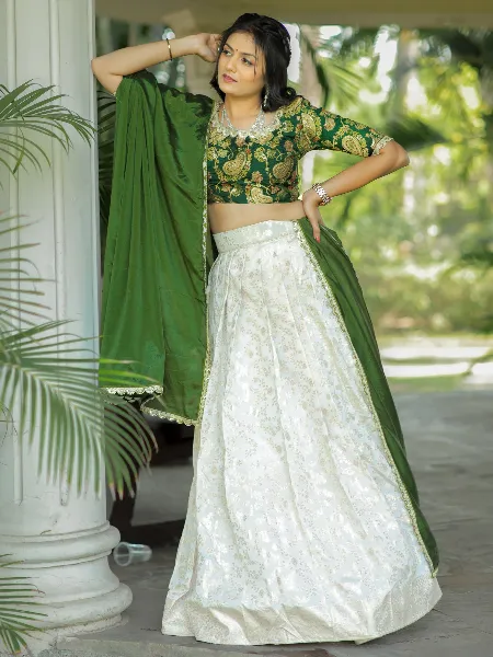 White and Green Lehenga Choli in Pure Silk With Zari Weaving Work