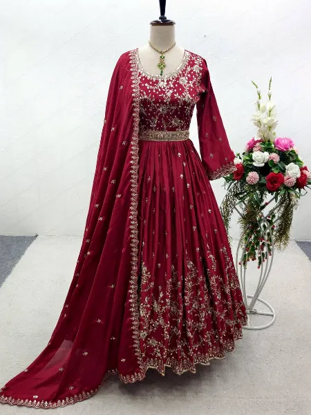 Maroon Color Satin Gown With Sequins Embroidery Work and Dupatta