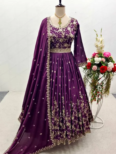 Wine Color Satin Gown With Sequins Embroidery Work and Dupatta