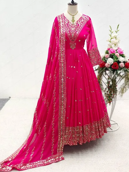Pink Color Georgette Gown With Sequins Embroidery Work and Dupatta