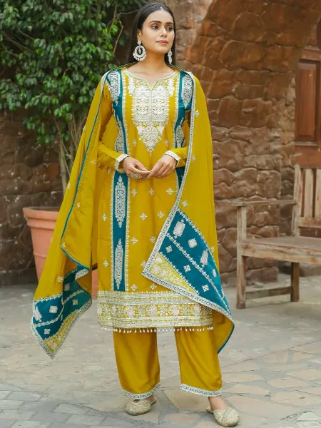 Yellow Chinon Salwar Suit With Pant and Dupatta With Heavy Embroidery Work