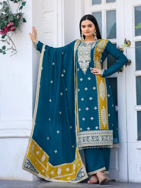 Rama Chinon Salwar Suit With Pant and Dupatta With Heavy Embroidery Work