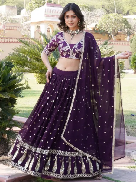 Wine Wedding Lehenga Choli in Georgette With Sequence and Zari Embroidery