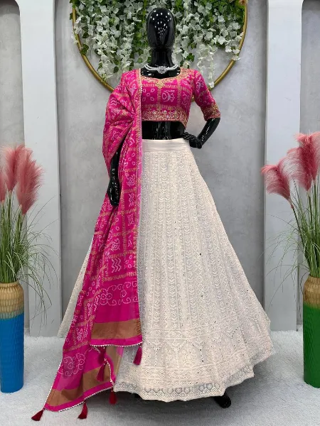 White and Pink Wedding Lehenga Choli in Georgette With Sequence Embroidery Bridal Lehenga