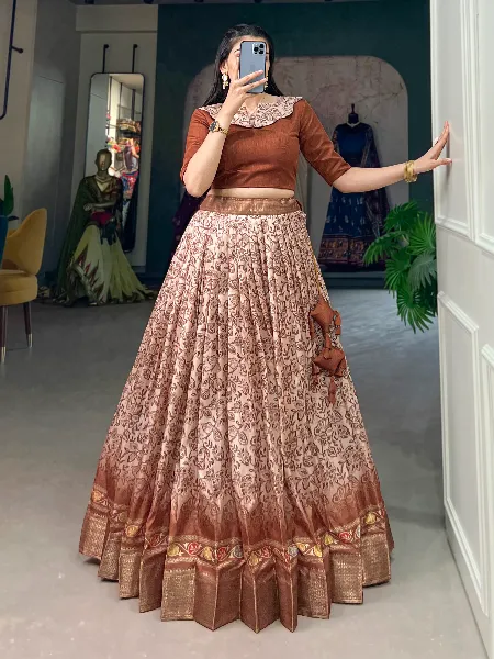 Brown Ready to Wear Lehenga Choli in Dola Silk With Floral Print and Border