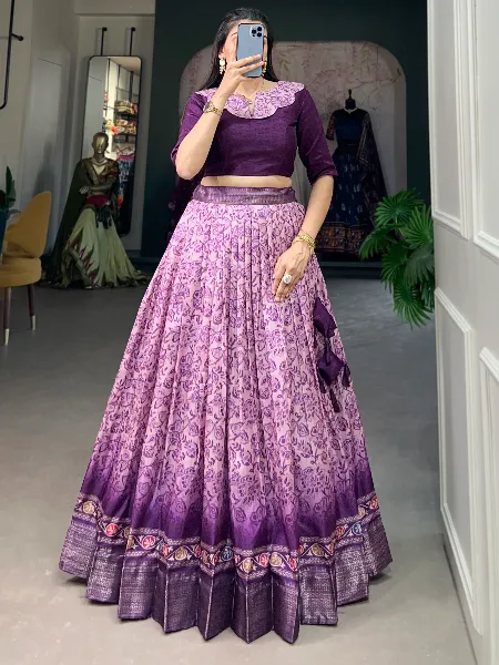 Purple Ready to Wear Lehenga Choli in Dola Silk With Floral Print and Border